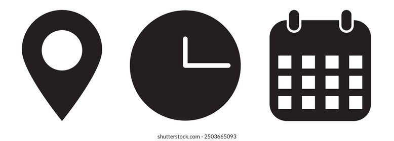 Symbole für Ort, Zeit und Kalender. Vektorgrafik. EPS 10.