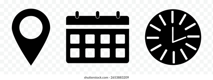 place, time and date icon set. position, clock and calendar symbol. business vector design. Time, Date, Address icons set. Event vector icons illustrations. Calendar, Location and clock icons eps 10