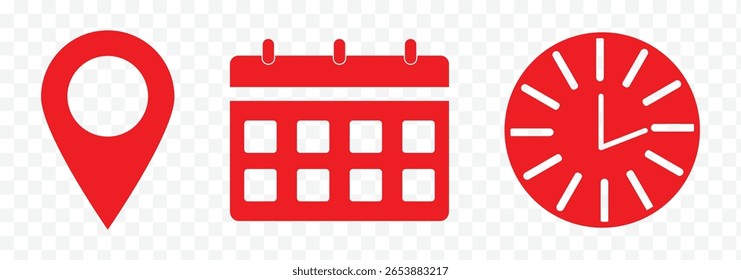 Icono de lugar, hora y fecha. Símbolo de posición, reloj y calendario. Diseño de Vector de negocios. Hora, fecha, conjunto de iconos de Dirección. Ilustraciones de iconos vectoriales de eventos. Calendario, Locación y reloj eps 10