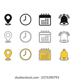 Iconos de línea Lugar, Hora, Fecha y Notificación. Calendario, puntero de ubicación de dirección y timbre de alarma. Aviso de alerta, horario comercial y horario de oficina. Lugar, recordatorio de fecha.