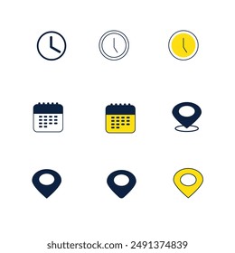 Place, Time, Date and Notification line icons. Calendar, address location pointer  business schedule and office time clock.