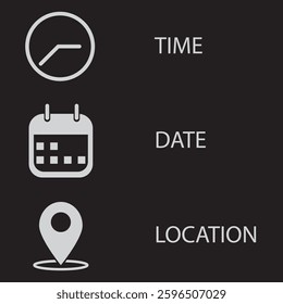 Place, Time, Date and Notification line icons. Calendar, address location pointer and alarm bell. Notice alert, business schedule and office time clock. Location place, date reminder. Vector