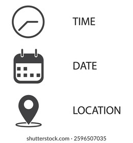 Place, Time, Date and Notification line icons. Calendar, address location pointer and alarm bell. Notice alert, business schedule and office time clock. Location place, date reminder. Vector