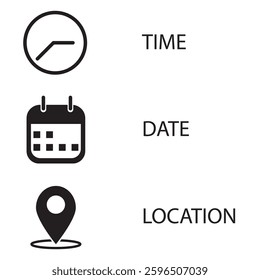 Place, Time, Date and Notification line icons. Calendar, address location pointer and alarm bell. Notice alert, business schedule and office time clock. Location place, date reminder. Vector