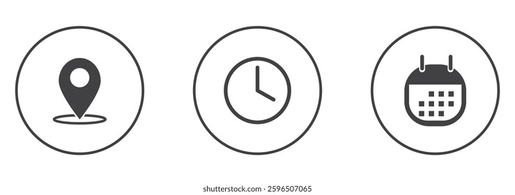 Place, Time, Date and Notification line icons. Calendar, address location pointer and alarm bell. Notice alert, business schedule and office time clock. Location place, date reminder. Vector