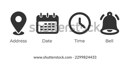 Place, Time, Date and Notification line icons. Calendar, address location pointer and alarm bell. Notice alert, business schedule and office time clock. Location place, date reminder. Vector