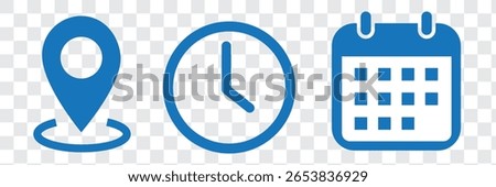 Place, Time, Date and Notification line icons. Calendar, address location pointer and alarm bell. Notice alert, business schedule and office time clock. Location place, date reminder. Vector