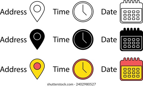 Place, Time, Date and Notification lined, isolated and colored version icons. Calendar, address location pointer. Business schedule, office time clock. Place, date reminder. Vector Illustration
