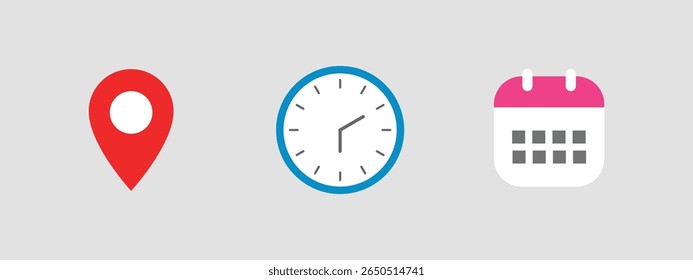 Iconos de lugar y hora, como pines de ubicación, calendarios y relojes