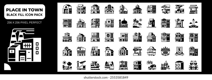 Place In Town Black FIll Icons Pack, Contain Such as Station, Fire Station, Zoo and More