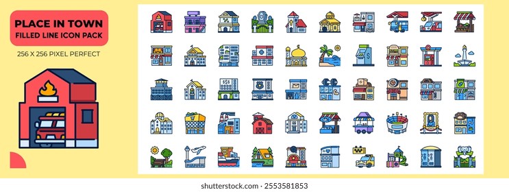 Place In Town Filled Line Icons Pack, Contain Such as Station, Fire Station, Zoo and More