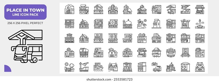 Place In Town Line Icons Pack, Contain Such as Station, Fire Station, Zoo and More