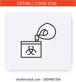 Place tube with sample into biohazard bag icon. Coronavirus testing process. Covid19 nasal swab kit. DNA sample. Flu, covid diagnostics equipment. Isolated vector illustration. Editable stroke