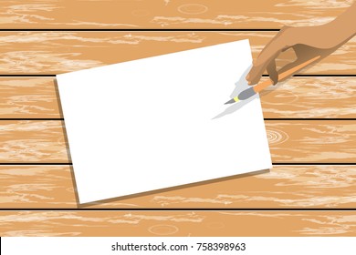 place under the text. A table with a white blank sheet and a hand with a brush for drawing. vector illustration for your design
