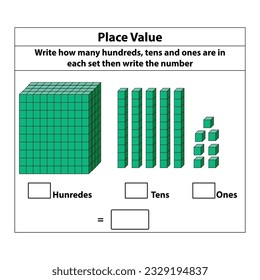 Place Value hundreds tens and ones. 10 blocks. and single blocks. Vector illustration isolated on white background.