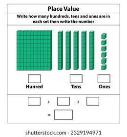 Place Value hundreds tens and ones. 10 blocks. and single blocks. Vector illustration isolated on white background.