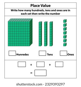 Place Value hundreds tens and ones. 10 blocks. and single blocks. Vector illustration isolated on white background.