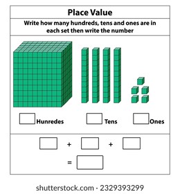 Place Value hundreds tens and ones. 10 blocks. and single blocks. Vector illustration isolated on white background.