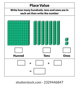 Place Value hundreds tens and ones. 10 blocks. and single blocks. Vector illustration isolated on white background.