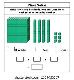 Place Value hundreds tens and ones. 10 blocks. and single blocks. Vector illustration isolated on white background.