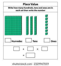 Place Value hundreds tens and ones. 10 blocks. and single blocks. Vector illustration isolated on white background.