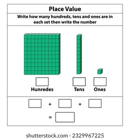 Place Value hundreds tens and ones. 10 blocks. and single blocks. Vector illustration isolated on white background.