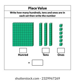 Place Value hundreds tens and ones. 10 blocks. and single blocks. Vector illustration isolated on white background.