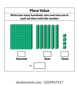 Place Value hundreds tens and ones. 10 blocks. and single blocks. Vector illustration isolated on white background.