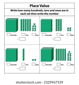 Place Value hundreds tens and ones. 10 blocks. and single blocks. Vector illustration isolated on white background.