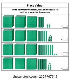 Valor de lugar cientos de decenas y unas. 10 cuadras. y bloques individuales. Ilustración vectorial aislada en fondo blanco.