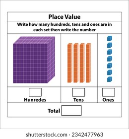 Place Value hundreds tens and ones. 10 blocks. and single blocks. Vector illustration isolated on white background.