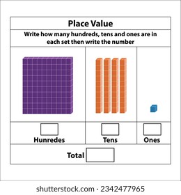 Place Value hundreds tens and ones. 10 blocks. and single blocks. Vector illustration isolated on white background.