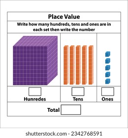 Place Value hundreds tens and ones. 10 blocks. and single blocks. Vector illustration isolated on white background.