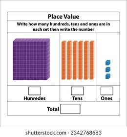 Place Value hundreds tens and ones. 10 blocks. and single blocks. Vector illustration isolated on white background.