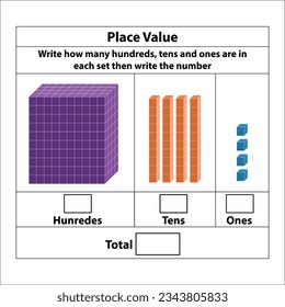 Place Value hundreds tens and ones. 10 blocks. and single blocks. Vector illustration isolated on white background.