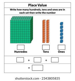 Place Value hundreds tens and ones. 10 blocks. and single blocks. Vector illustration isolated on white background.