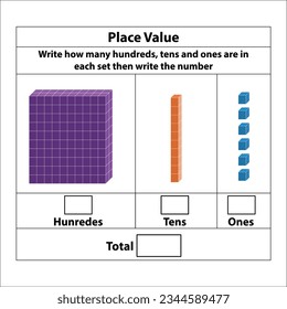 Place Value hundreds tens and ones. 10 blocks. and single blocks. Vector illustration isolated on white background.