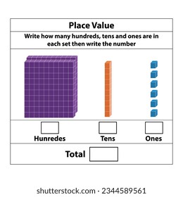 Place Value hundreds tens and ones. 10 blocks. and single blocks. Vector illustration isolated on white background.