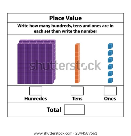 Place Value hundreds tens and ones. 10 blocks. and single blocks. Vector illustration isolated on white background.
