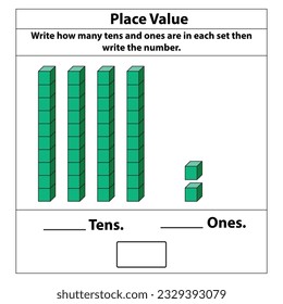 Place Value tens and ones. 10 blocks. and single blocks. Vector illustration isolated on white background.