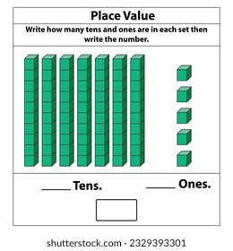 Place Value tens and ones. 10 blocks. and single blocks. Vector illustration isolated on white background.