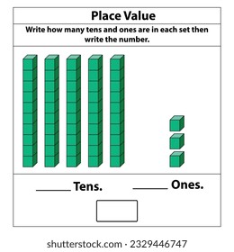 Place Value tens and ones. 10 blocks. and single blocks. Vector illustration isolated on white background.