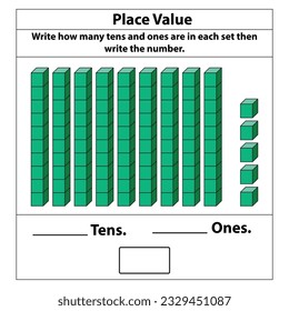 Place Value tens and ones. 10 blocks. and single blocks. Vector illustration isolated on white background.