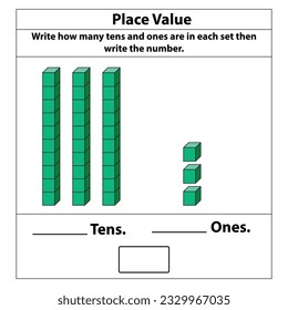 Place Value tens and ones. 10 blocks. and single blocks. Vector illustration isolated on white background.