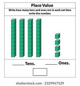 Place Value tens and ones. 10 blocks. and single blocks. Vector illustration isolated on white background.