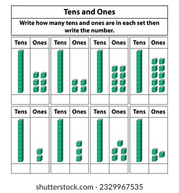 Place Value tens and ones. 10 blocks. and single blocks. Vector illustration isolated on white background.