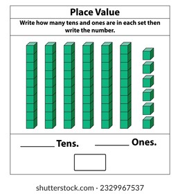 Place Value tens and ones. 10 blocks. and single blocks. Vector illustration isolated on white background.