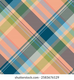 Place vector check pattern, latin tartan seamless plaid. Copy space background textile texture fabric in cyan and orange colors palette.