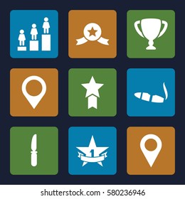 Place Vector Icons. Set Of 9 Place Filled Icons Such As Cigarette, Ranking, Knife, 1st Place Star, Map Location, Location Pin, Trophy