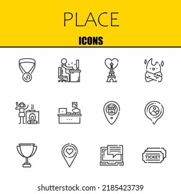 place vector line icons set. medal, desk and eiffel tower Icons. Thin line design. Modern outline graphic elements, simple stroke symbols stock illustration